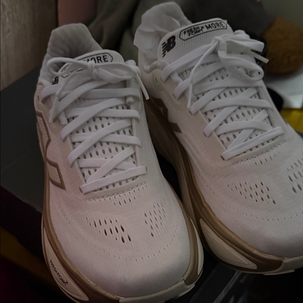 New Balance White and Tan Running Shoes